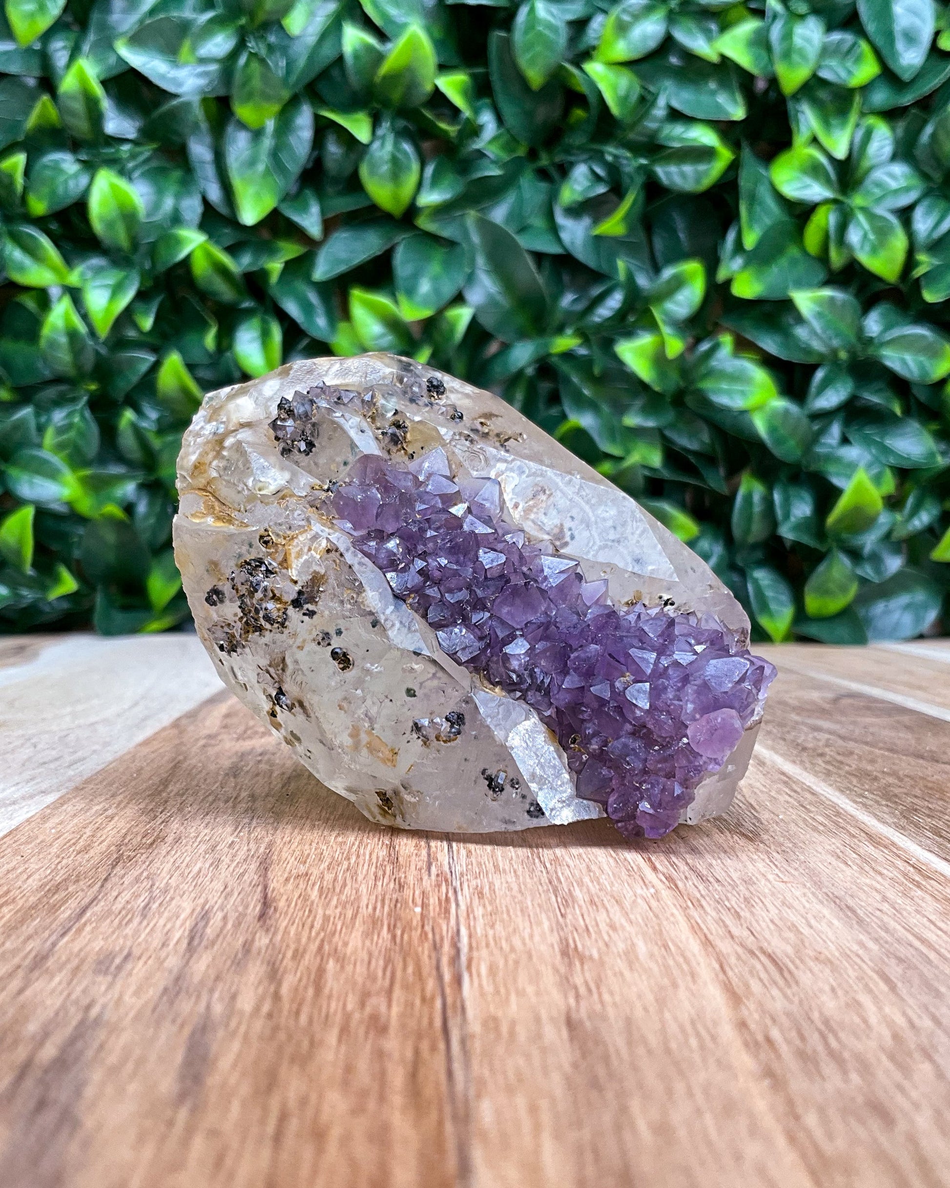 Off-white, Purple, and Black Calcite with Amethyst and Goethite Freeform