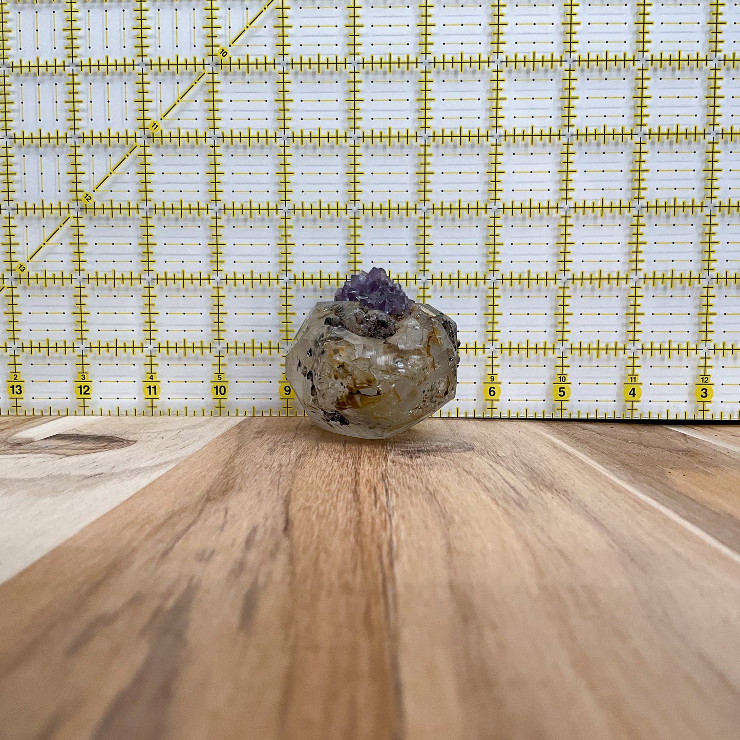 Off-white, Purple, and Black Calcite with Amethyst and Goethite Freeform